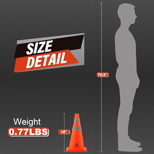 RoadHero 18 Inch 1 Pack Collapsible Traffic Safety Cones, Multi Purpose Pop-up Cones with Reflective Collar for Road Safety, Orange Cones for Driving Training, Parking Lots