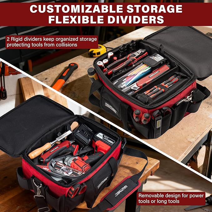 HAUTMEC 16-Inch Multi-Function Tool Bag with Removable Divider, Heavy-Duty 1680D Quick Action Tool Case with Padded Shoulder Strap & Trolley Sleeve, Rigid Structure & Wide-Opening Design - HT0401