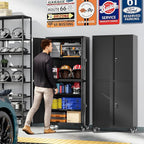 4 Door Garage Storage Cabinets with wheels, Metal Rolling Tool Cabinet with Lock, Locking Garage Caninet on wheels with Shelves, Steel Tall Tool Cabnets Locker for Workshop/Home/Office - (Black 73”H)