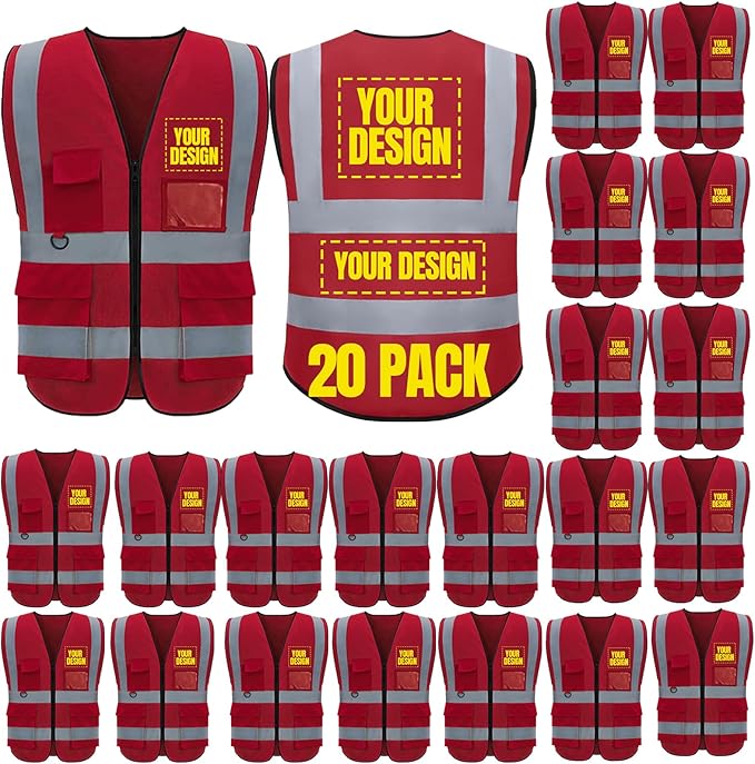 BeautyWill 10/20 Pack Custom Logo Safety Vest,Bulk High Visibility Class 2 Reflective Work Vests