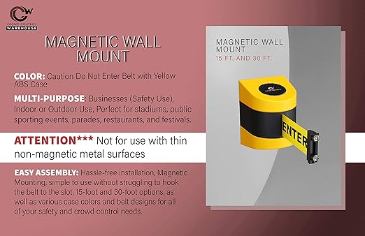 Crowd Control Warehouse - CCW Series WMB-230 Magnetic Wall Mount Retractable Belt Barrier - 30 Foot, Caution Do Not Enter Belt with Yellow ABS Case