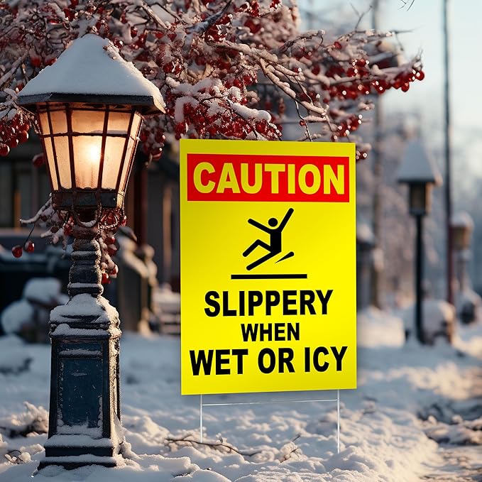 Caution Slippery When Wet or Icy Sign, 8x12 DS Coroplast Warning Caution Wet Floor Sign with H-Type Stake