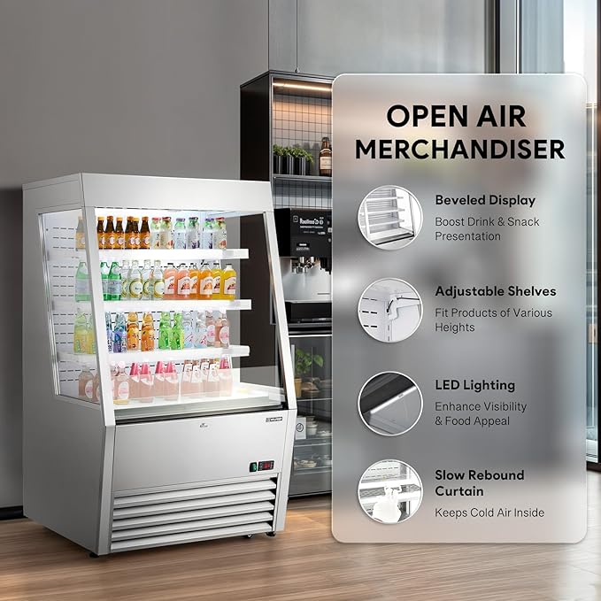 Wilprep Commercial Display Refrigerator, 36" Open Air Merchandiser with 12.2 cu. ft. Volume LED Lighting Night Curtain, Grab and Go Display Refrigerator Showcase for Store Cafe Bar Shop