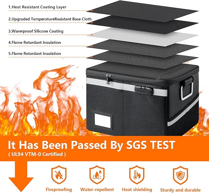 2000°F Fireproof & Waterproof Document Box with Lock, Collapsible Portable Organizer for Office Files, Safe Storage for Hanging Letter/Legal Folders (Black, 14.2x10.6x4.1in)