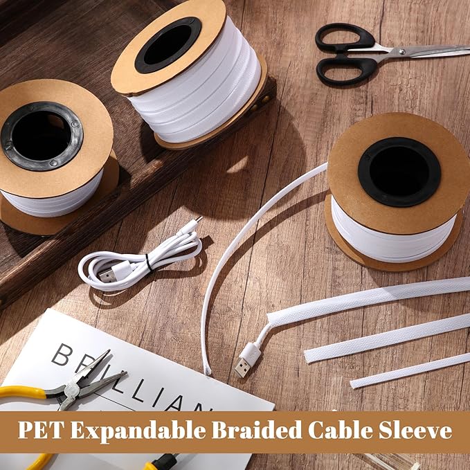 Pangda 300 Feet 1/4, 1/2, 3/8 Inches Wire Loom PET Expandable Braided Sleeving Braided Sleeve for TV, Computer, Home Theater (White)