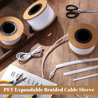 Pangda 300 Feet 1/4, 1/2, 3/8 Inches Wire Loom PET Expandable Braided Sleeving Braided Sleeve for TV, Computer, Home Theater (White)