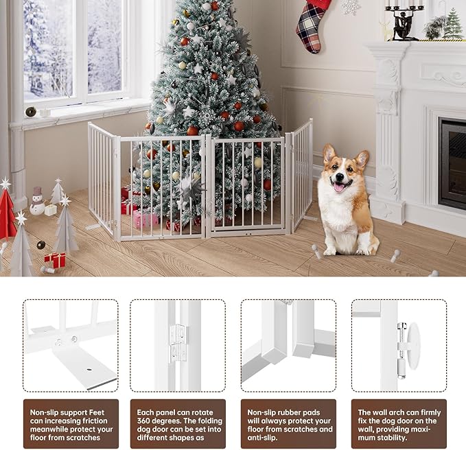 4 Panels Full Metal Freestanding Dog Gates with Door, 80” W x 24” H Folding Pet Gate Fence with Support Feet for Indoor,Stairs, Hallways and Doorways(White)