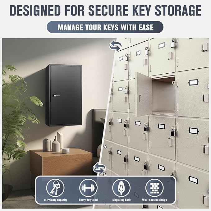 Key Cabinets, Key Organizer Box(64 Keys),Key Cabinet Wall Mount, Key Lock Box Wall Mount for Hotels Offices Property Management Apartment Complexes Car Lots Car Dealerships and Repair Shops