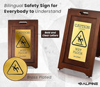 Wooden Caution Wet Floor Sign Slippery A-Frame with Bold Bilingual Safety Message, High-Grade Wood Finish, Brass-Plated for Restaurants, Offices, Hospitality & Retail Centers By Alpine Industries