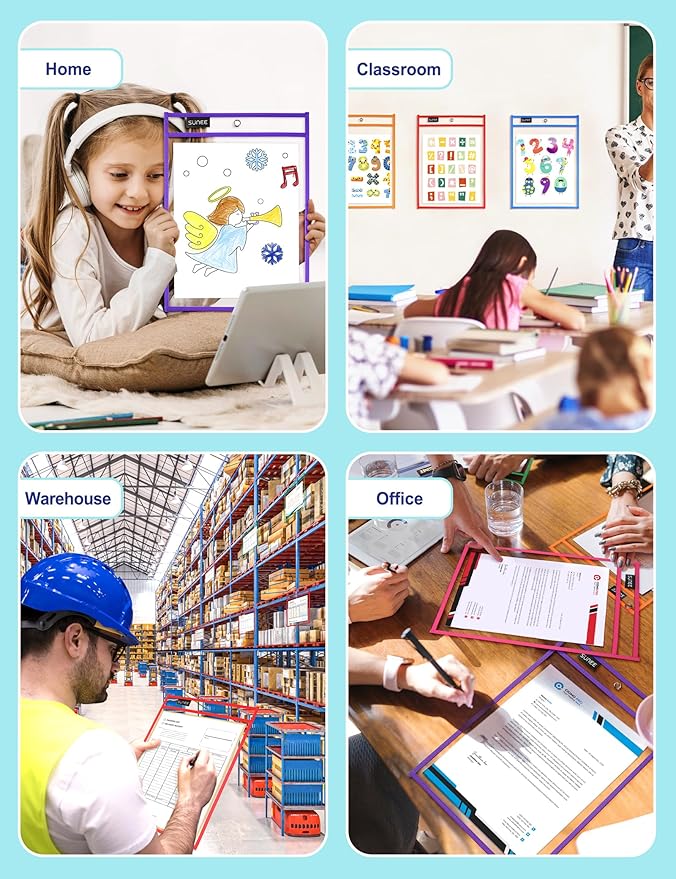 SUNEE 50 Packs Oversized Reusable Dry Erase Pocket Sleeves with 3 Rings, 10 Assorted Colors 10x14 Ticket Holders, Clear Plastic Sheet Protectors, Teacher School Classroom Supplies