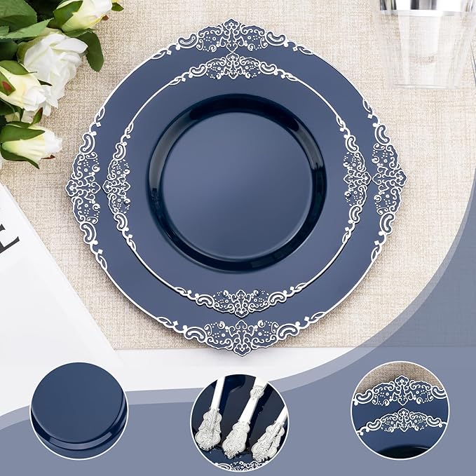 700PCS Navy Blue Plastic Plates for 100 Guests, Disposable Plates with Gold Trim include 100 Dinner plates, 100 Dessert Plates, 100 Gold Silverware, Cups and Napkins for Party, Graduation