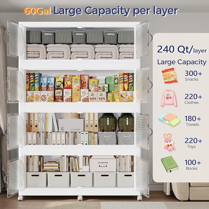1200QT Plastic Stackable Storage Bins with Lid, 300GAL Extra Large Collapsible Box with Wheels Clear Door, Foldable Closet Organizer Container Cabinet Drawer for Home Kitchen，5Pack, White