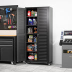 Garage Storage Cabinet with Wheels & Pegboard, Lockable Metal Storage Cabinet with Doors and 5 Adjustable Shelves for Garage Workshop Home, Assembly Required, Black, 70.87"H x 31.5"W x 15.75"D