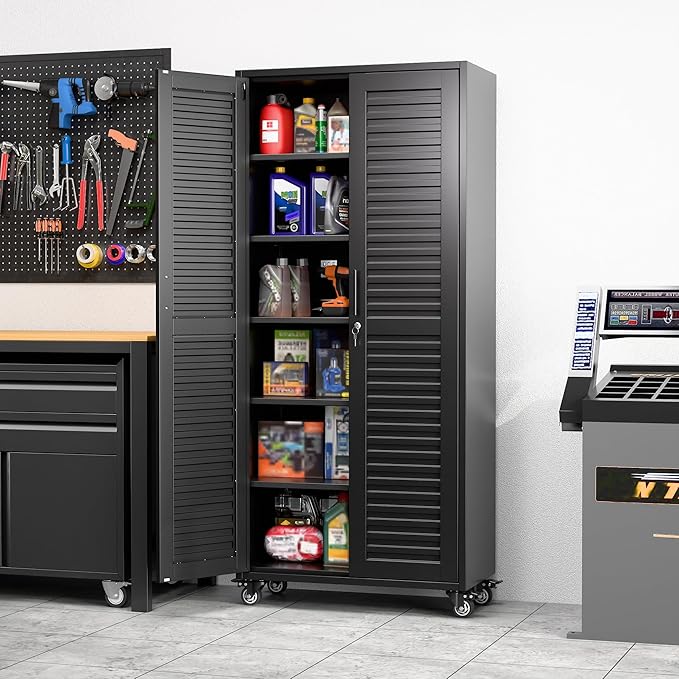 Garage Storage Cabinet with Wheels & Pegboard, Lockable Metal Storage Cabinet with Doors and 5 Adjustable Shelves for Garage Workshop Home, Assembly Required, Black, 70.87"H x 31.5"W x 15.75"D