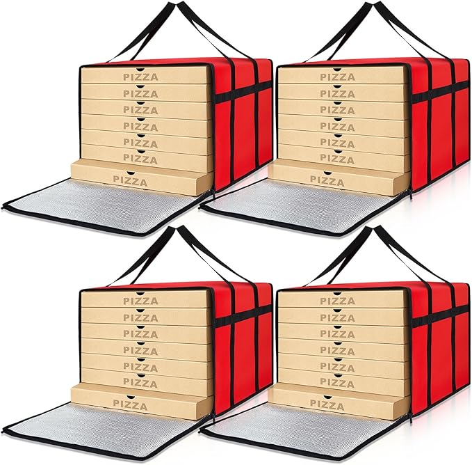 Maxcheck 4 Pcs Insulated Pizza Delivery Bag 20 x 20 x 14 Inch Pizza Warmer Bag Carrier Reusable Insulated Cooler Boxs Winter Food Delivery Carrier for Personal and Professional Use (Red)