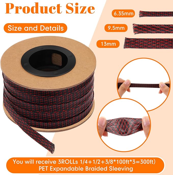 Pangda 300 Feet 1/4, 1/2, 3/8 Inches Wire Loom PET Expandable Braided Sleeving Braided Sleeve for TV, Computer, Home Theater (Black Red)