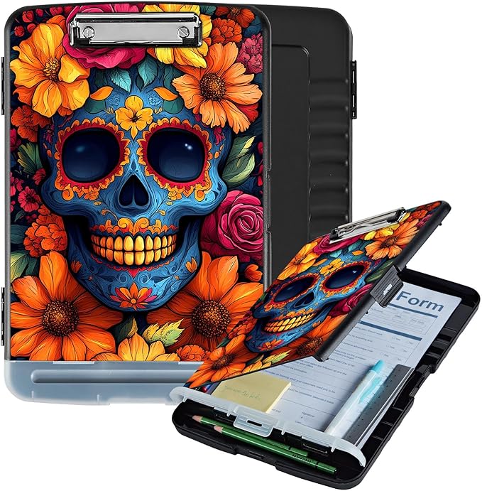 Clipboard with Storage Box & Pen Holder,Heavy Duty Clip Boards 8.5x11 for Nursing,High Capacity,School & Office Supplies,Floral Skull