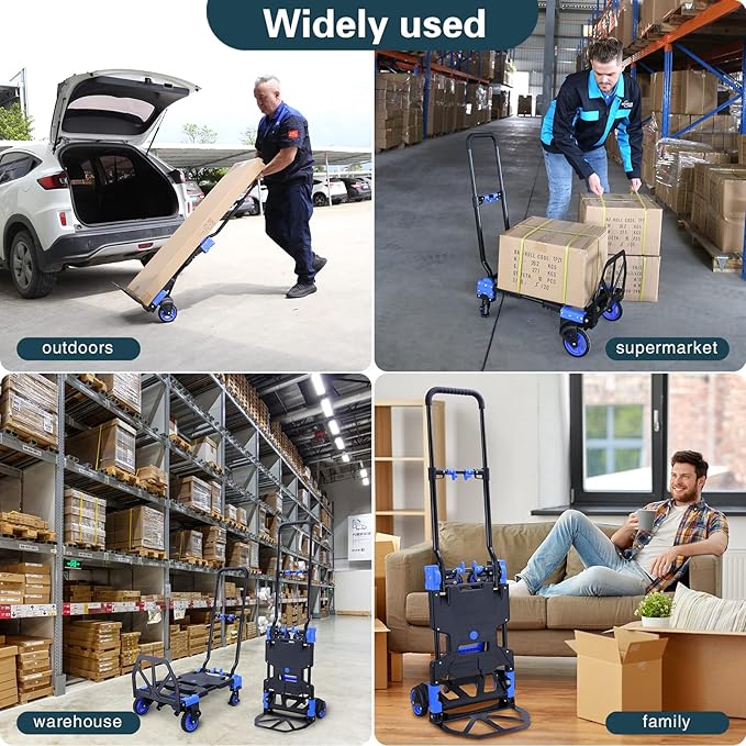 2-in-1 Hand Truck Dolly Foldable,330LB Capacity Hand Dolly,Folding Hand Cart with Retractable Handle,Hand Truck Foldable with 4 Wheels,Portable Handtruck