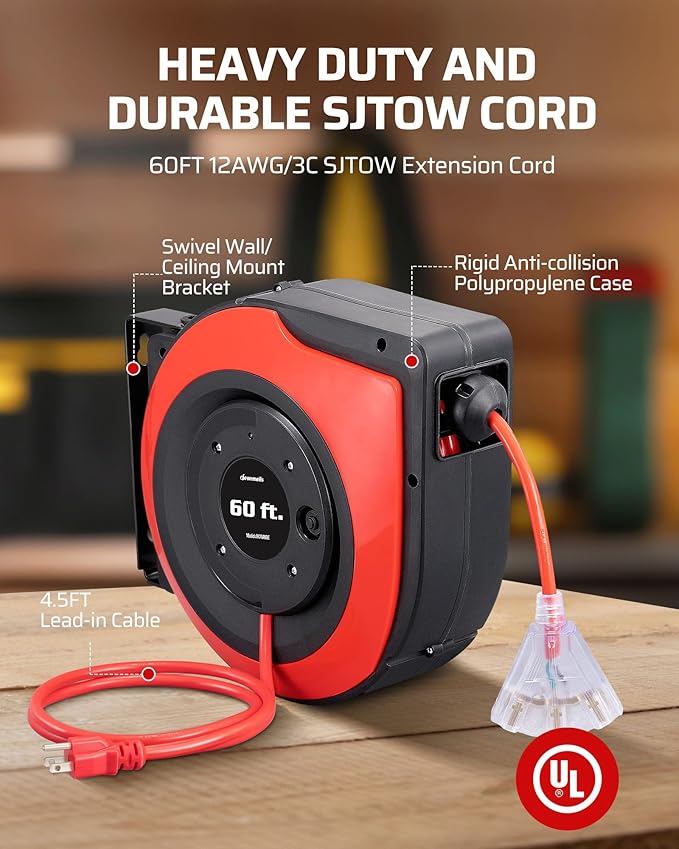 DEWENWILS Retractable Cord Reel, 60FT Heavy Duty Extension Cord, 12AWG/3C SJTOW, 3 Grounded Outlets Lighted Triple Tap, 15A Circuit Breaker, Wall/Ceiling Mounted for Garage, Workshop, UL Listed, Red