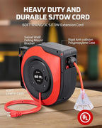 DEWENWILS Retractable Cord Reel, 60FT Heavy Duty Extension Cord, 12AWG/3C SJTOW, 3 Grounded Outlets Lighted Triple Tap, 15A Circuit Breaker, Wall/Ceiling Mounted for Garage, Workshop, UL Listed, Red