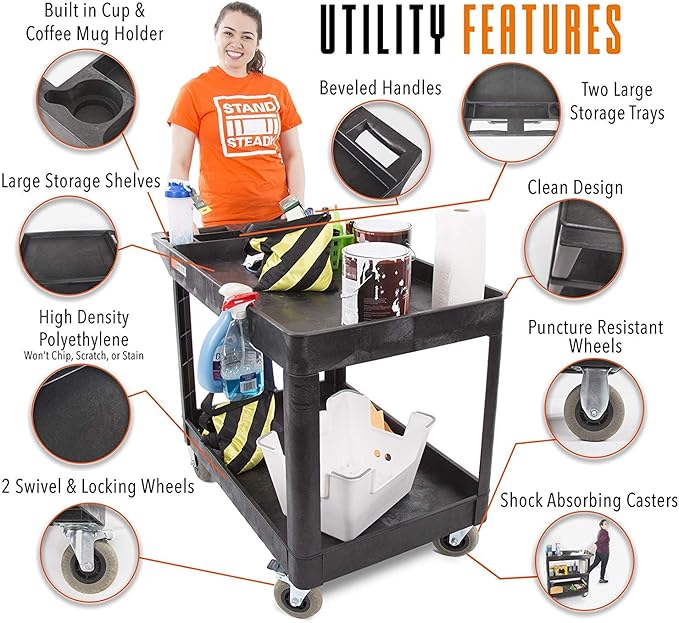 Stand Steady Original Tubstr XL Outdoor Cart with Heavy Duty Wheels - Two Shelf Utility Cart Supports up to 500 lbs, Tub Carts with Deep Shelves and Shock Absorbent Wheels (Black, 45.5in x 24.5in)