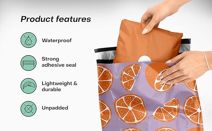 10x13 Poly Mailers – Orange Fruit Design – Waterproof, Tear-Resistant Shipping Bags with Adhesive Seal – 100 Pack – Package Mint