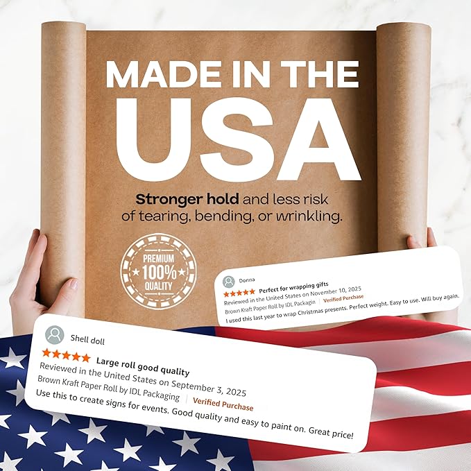 IDL Packaging Brown Kraft Paper Roll 36" x 2160" (180 feet), 30lb Thickness - USA-Made Brown Wrapping Paper for Packing, Moving, Shipping & Crafts/Arts - 100% Recycled Natural Craft Wrap Material