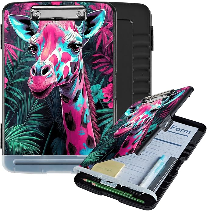 Clipboard with Storage Box & Pen Holder,Heavy Duty Clip Boards 8.5x11 for Nursing,High Capacity,School & Office Supplies,Giraffe Floral