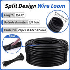 100FT Split Wire Loom Tubing, 3/4 Inch Wire Protector Tubing, Automotive Wire Flexible Conduit Cord Covers with 20 Cable Ties for Automotive Marine RV Agriculture Electrical Cable Protection