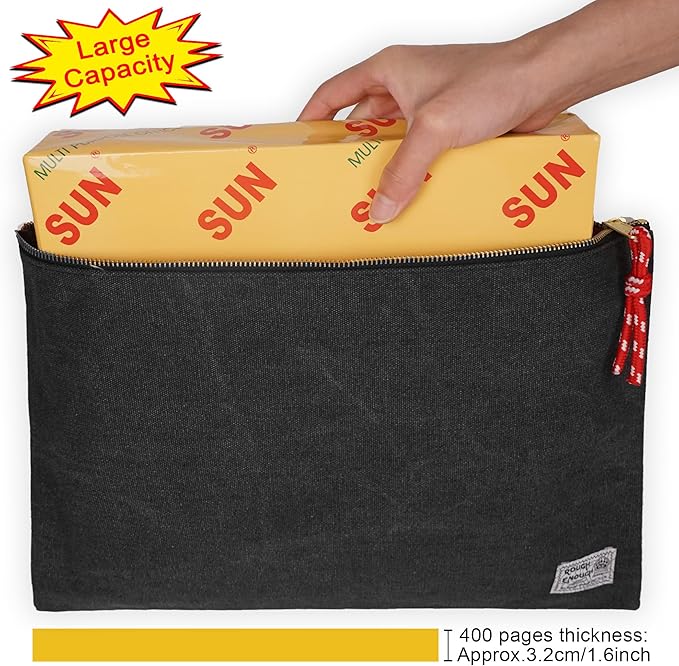 Rough Enough Important Document Storage Bag File Folder Organizer Pouch with Zipper Black Waxed Canvas Water Repellent for Travel Office Home