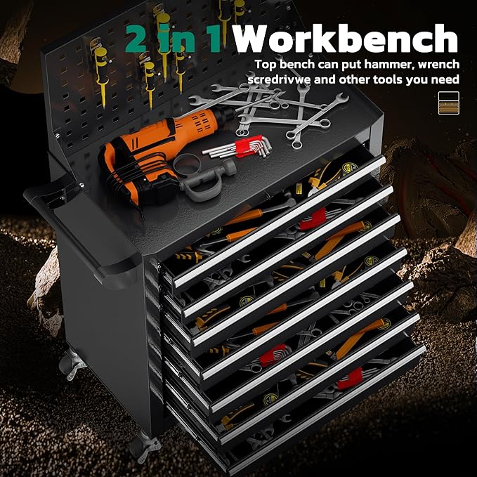 Greenvelly 7-Drawer Metal Tool Chest, Rolling Tool Chest with Wheels, Tool Cabinet with Pegboard and Hooks, Metal Tool Cart with Handle for Garage, Workshop, Warehouse (Black)