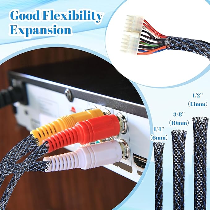 Pangda 300 Feet 1/4, 1/2, 3/8 Inches Wire Loom Pet Expandable Braided Sleeving Braided Sleeve for TV, Home Theater, Computer(Black Blue)