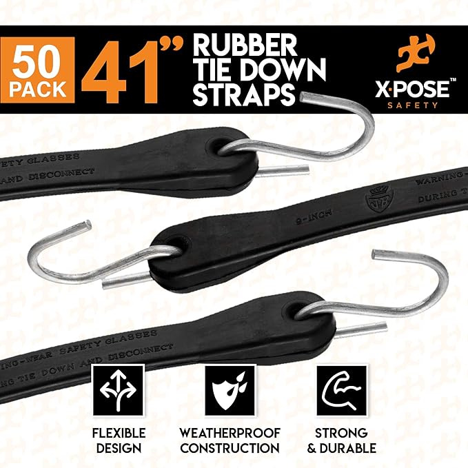Rubber Bungee Cords with Hooks 50 Pack 41 Inch (62” Max Stretch) Heavy-Duty Black Tie Down Straps for Outdoor, Tarp Covers, Canvas Canopies, Motorcycle, and Cargo - by Xpose Safety