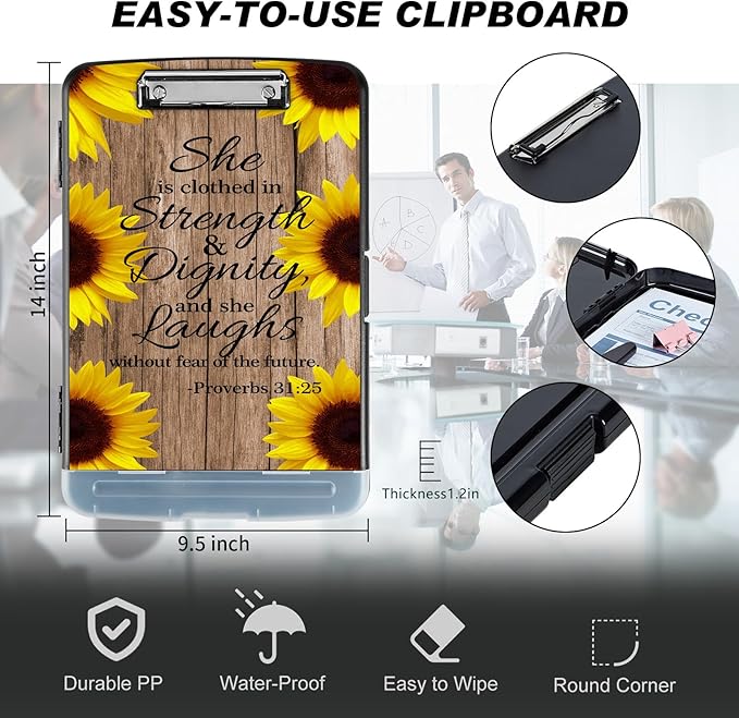 Clipboard with Storage Compartment, 8.5 x 11 Letter Size Side Opening Clip Board with Pen Holder, Hard Portable Clipboard Organizer for Nurse, Teacher, Contractor, Jobsite, Sunflower Bible