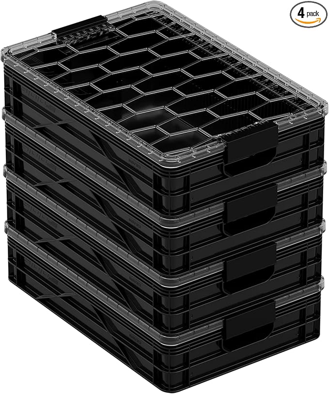 SIDIO Quarter Crate 4 Pack of Stackable Storage Bins - Organizer Bins with Dividers for Garage Organization, Home Storage - Heavy Duty Plastic Containers - 19.16” x 12.75”x 4.57” (Black)