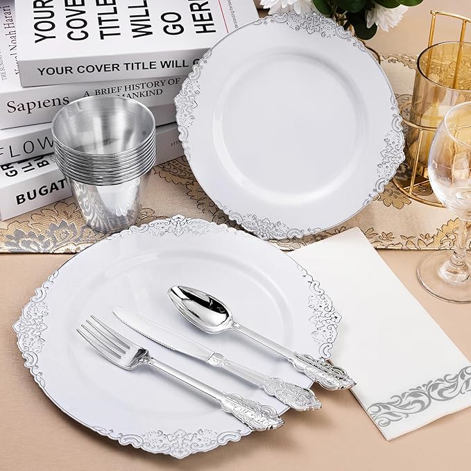350PCS Silver Plastic Plates for 50 Guests, Disposable Dinnerware Set Includes 100 Disposable Plates, 150 Silver Silverware, 50 Cups, 50 Napkins for Party & Wedding