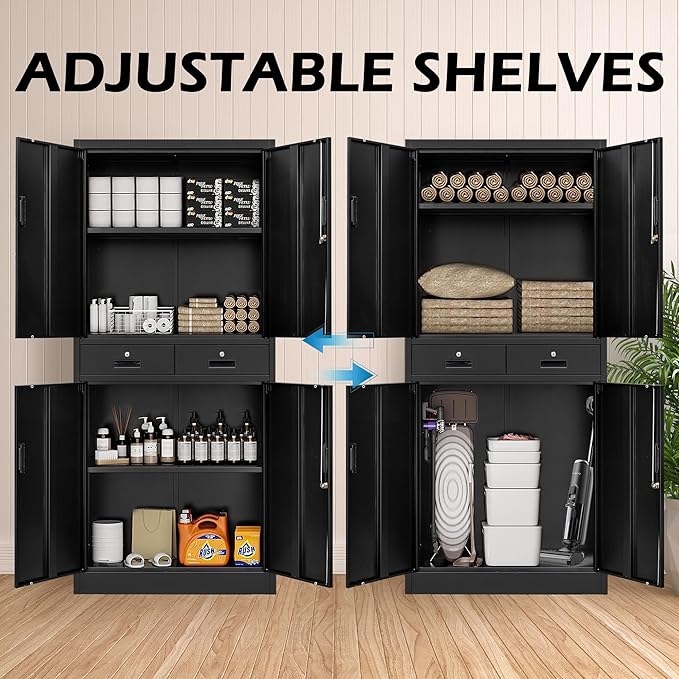Metal Storage Cabinet, 71" Locking Storage Cabinet with Adjustable Shelves and 2 Drawers, Steel Cabinets for Office, Garage, Home, School, Utility Room(Black)