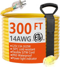 HUANCHAIN 300 ft 14/3 Gauge Heavy Duty Outdoor Extension Cord Waterproof with Lighted, Flexible Cold Weather 3 Prong Electric Cord Outside, 13A 1625W 125V 14AWG SJTW, Yellow, ETL Listed