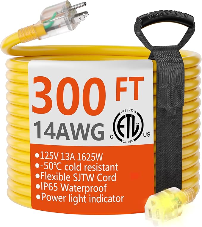 HUANCHAIN 300 ft 14/3 Gauge Heavy Duty Outdoor Extension Cord Waterproof with Lighted, Flexible Cold Weather 3 Prong Electric Cord Outside, 13A 1625W 125V 14AWG SJTW, Yellow, ETL Listed