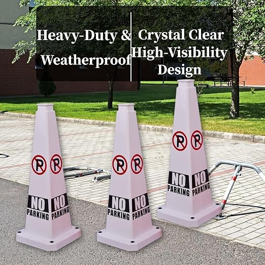 BESEA No Parking Cone 3 Pack, 28" No Parking Sign Cone with Weighted Base, White 4-Sided “ NO Parking” Warning Cone for Driveways Business Parking Lots Garages Indoor/Outdoor