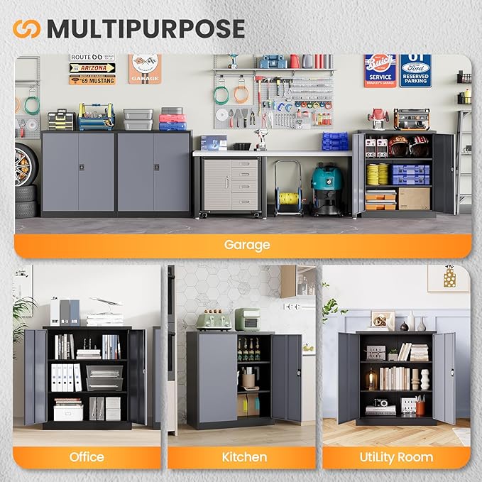 Metal Garage Storage Cabinets with Lock, 36" Tall Tool Cabinet with 2 Door and 2 Adjustable Shelves, Locking Garage Cabinets and Lockable Steel Locker for Home Office Warehouse-(Black Gray-36”H)