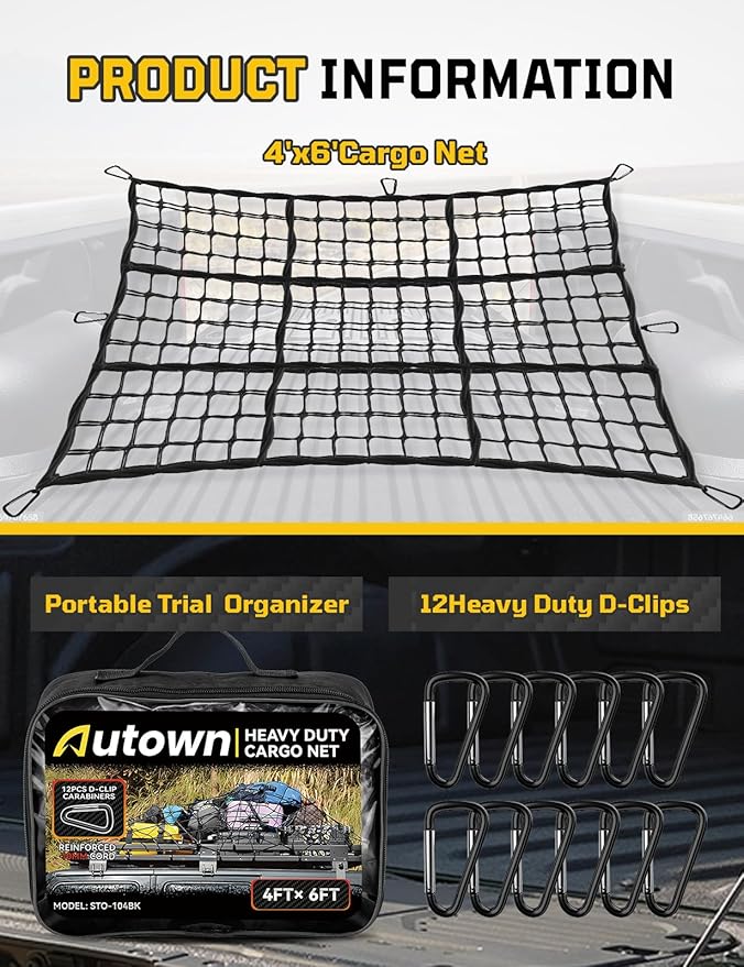 Cargo Net for Pickup Truck Bed - Stretchable 4' x 6' to 8' x 12' with 4" x 4" Mesh, Heavy Duty 10mm Cord Bungee Bed Netting with 12 Metal Carabiners - Ideal for ATV, SUV, UTV and Truck