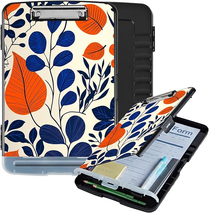 Clipboard with Storage Box & Pen Holder,Heavy Duty Clip Boards 8.5x11 for Nursing,High Capacity,School & Office Supplies,Orange Blue Leaves