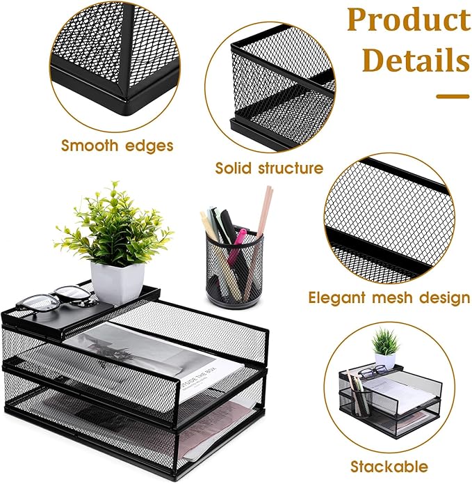 Black Metal Letter Tray Set, 3 Pcs Mesh Office Desk Drawer Organizer Tray with 1 Pcs Black Wire Mesh Pencil Cup Holder, Front Load File Paper Holder for Desk Office(Pack 4)