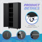 Superday Garage Storage Cabinet with Wheels，73" H Metal Storage Cabinet with Doors and Adjustable Shelves, Lockable Steel Utility Tool Cabinets for Garage, Home Office, Kitchen(Black)
