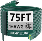 HUANCHAIN Indoor Outdoor Green Extension Cord 75 ft Waterproof, 16/3 Gauge Flexible Cold-Resistant Appliance Extension Cord Outside, 10A 1250W 16AWG SJTW, 3 Prong Electric Cable, ETL