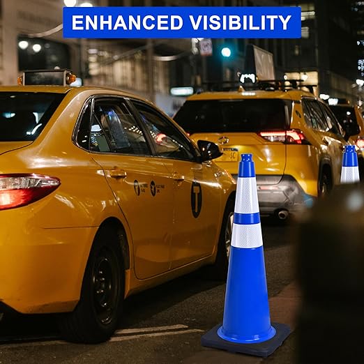 OrangeStar 36" Traffic Cones 4-Pack Blue Safety Cones with Reflective Collars, Heavy Duty Base for Construction, Parking Lot, Road Work, Flexible PVC, Indoor & Outdoor Use