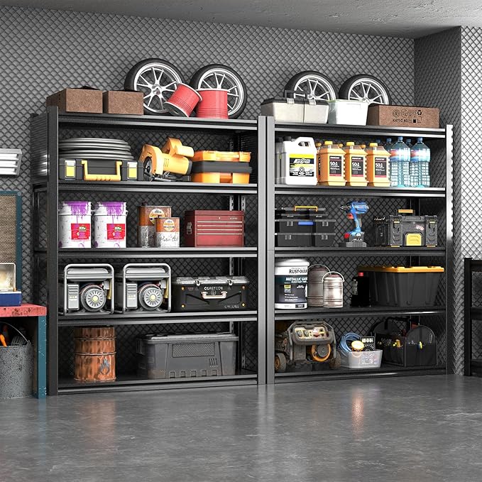 Metal Garage Shelving Unit with Pegboard, Heavy Duty 5-Tier Adjustable Industrial Storage Shelves, 5000 LBS Steel Storage Rack for Garage, Warehouse, Basement, 72" H x 59" W x 23.6" D, Black
