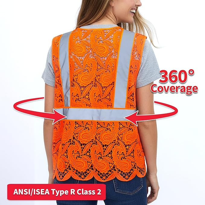 Lace-Mesh Safety Vest for Women & Men - Breathable, High Visibility Vest with Zipper & ANSI Class 2 Reflective Strips