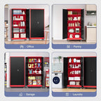 Metal Storage Cabinet with Wheels, Tall Garage Storage Cabinet with 4 Adjustable Shelves and 2 Doors, Lockable Tool Cabinet for Garage Home Office,Gym,School(Black-Red)